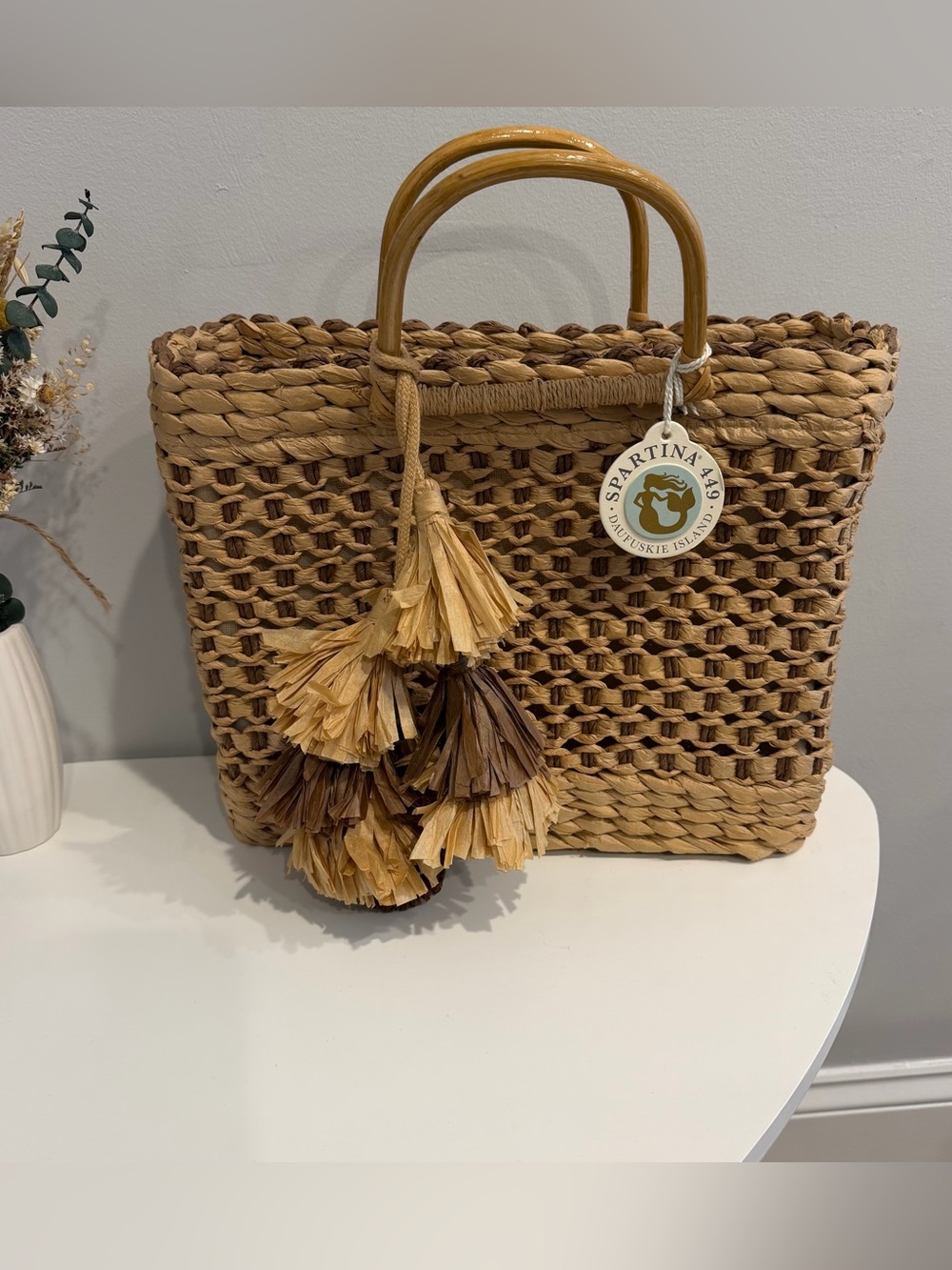 Spartina 449 Braided Natural Straw Beach Tote Bag with Tan & Brown Tassels